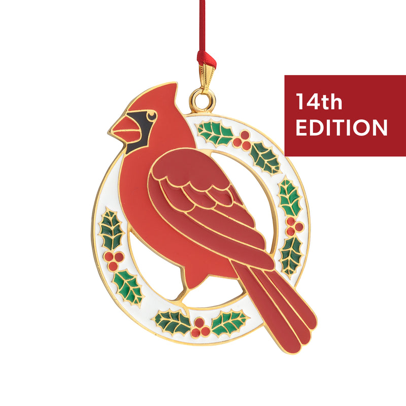 Wallace gold-plated cardinal ornament, red enamel with wreath design, 14th edition