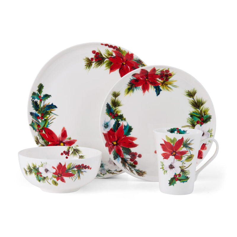 Dinnerware set for 4 with red poinsettia floral accents: plates, bowls, and mugs