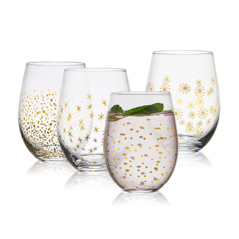 Set of four stemless wine glasses with gold party pattern