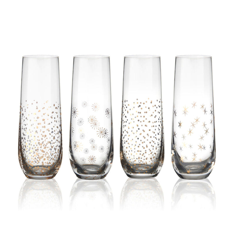 Mikasa party set of four stemless flutes with gold and silver starburst designs