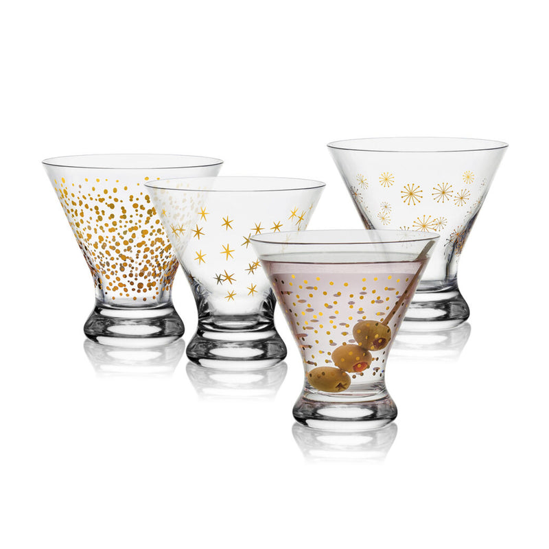 Mikasa stemless martini glass set of four, clear glass with gold star and dot designs