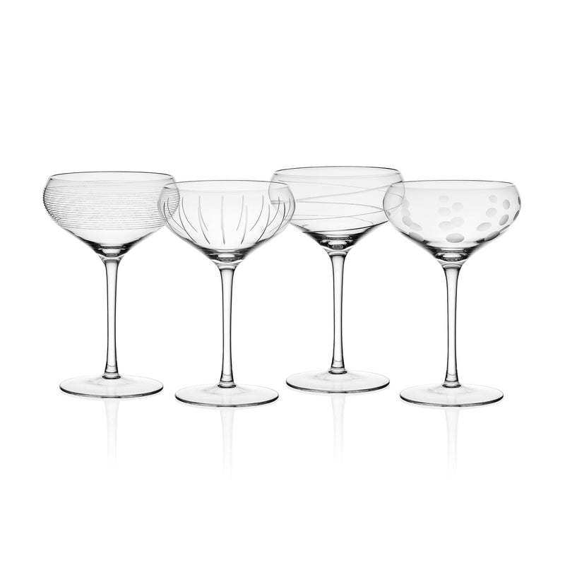 Mikasa Cheers set of 4 clear coupe glasses with etched and dotted bowls