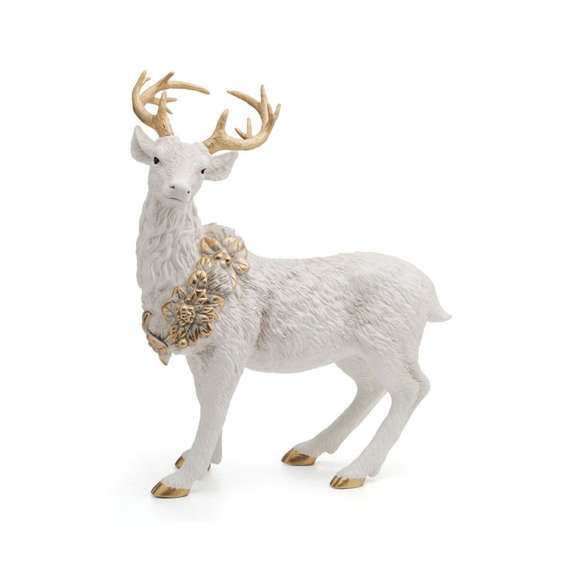 Fitz and Floyd earthenware standing deer figurine, white with floral chest and gold accents
