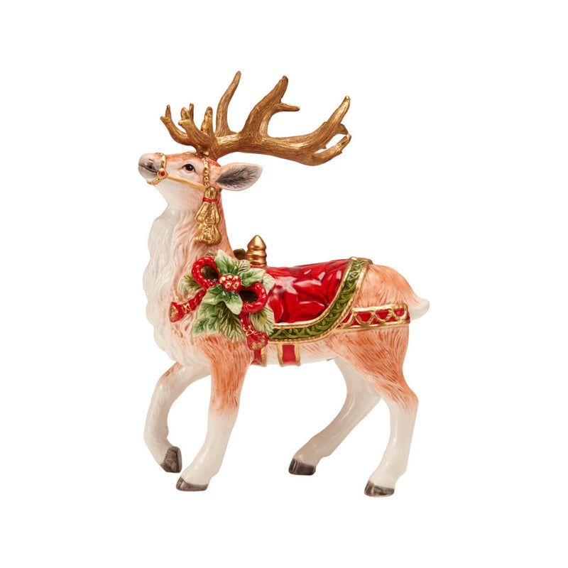Painted earthenware deer figurine with antlers, red saddle blanket, holly accents