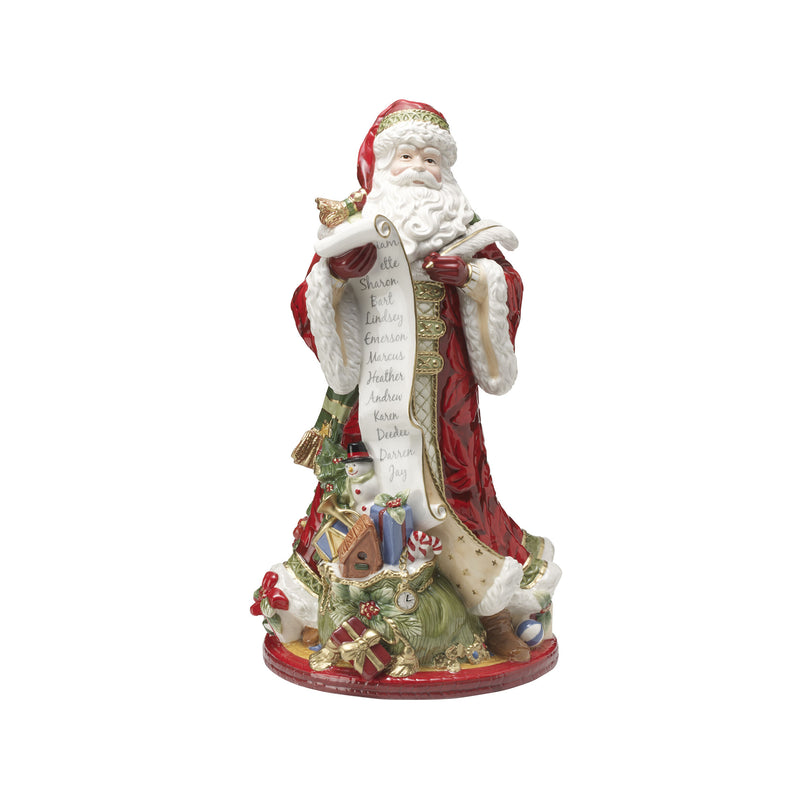 Fitz and Floyd Santa earthenware figurine, red robe, white beard, holding scroll on base