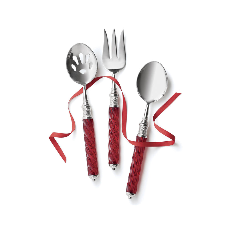 Lenox stainless steel serving utensil set, three pieces with red handled grips