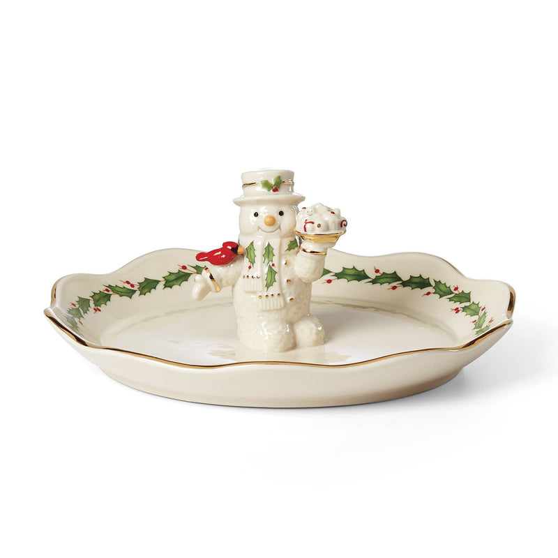 Lenox porcelain snowman treat dish with raised holly and two snowman figures
