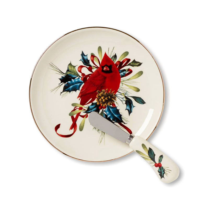 Lenox Winter Greetings porcelain cheese plate and matching knife, round with poinsettia floral border