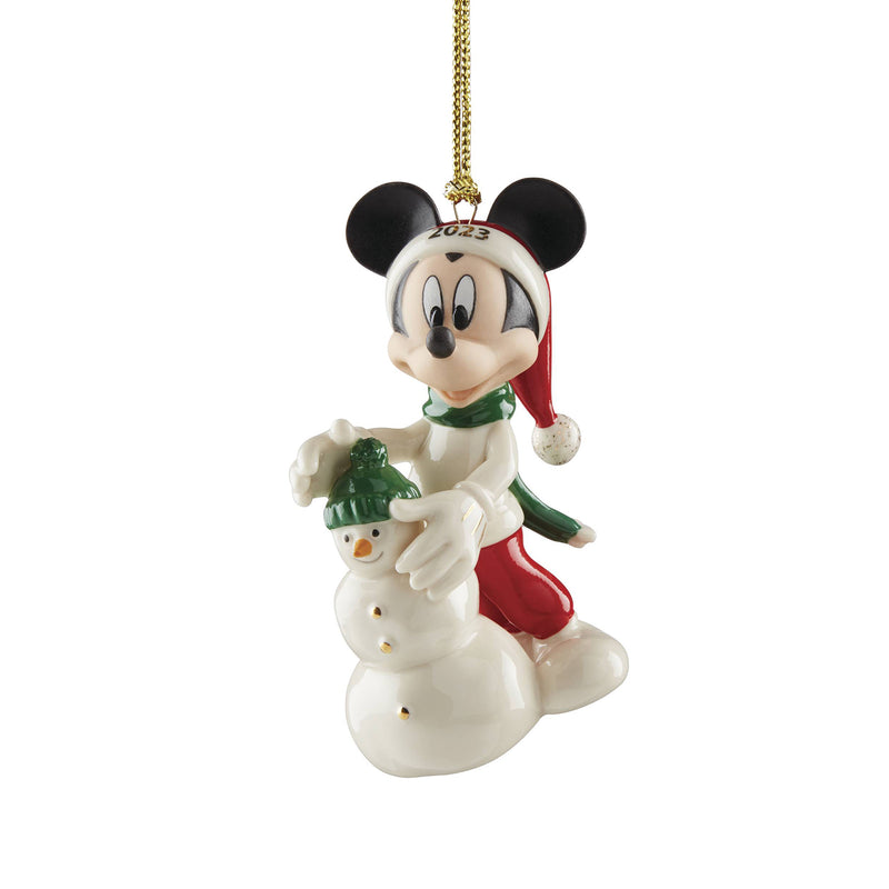 Lenox porcelain Mickey and snowman ornament with green scarf, red coat, 2023