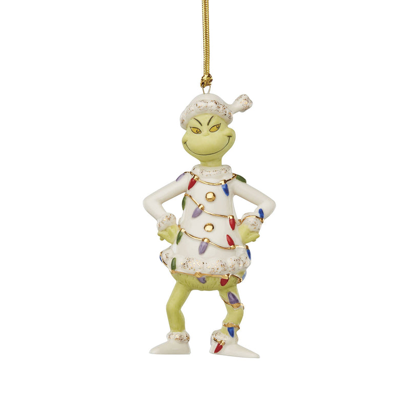 Lenox Grinch porcelain Christmas lights ornament, standing green character on gold string