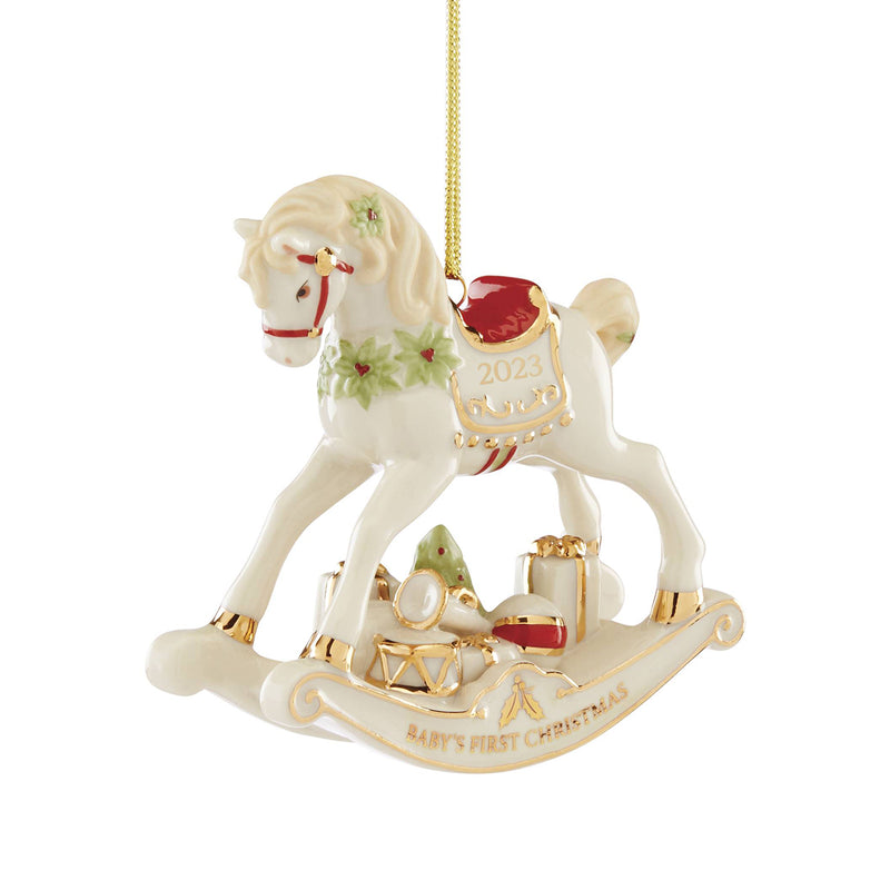 Lenox porcelain rocking horse ornament, 2023, red saddle, gold accents, baby's first Christmas