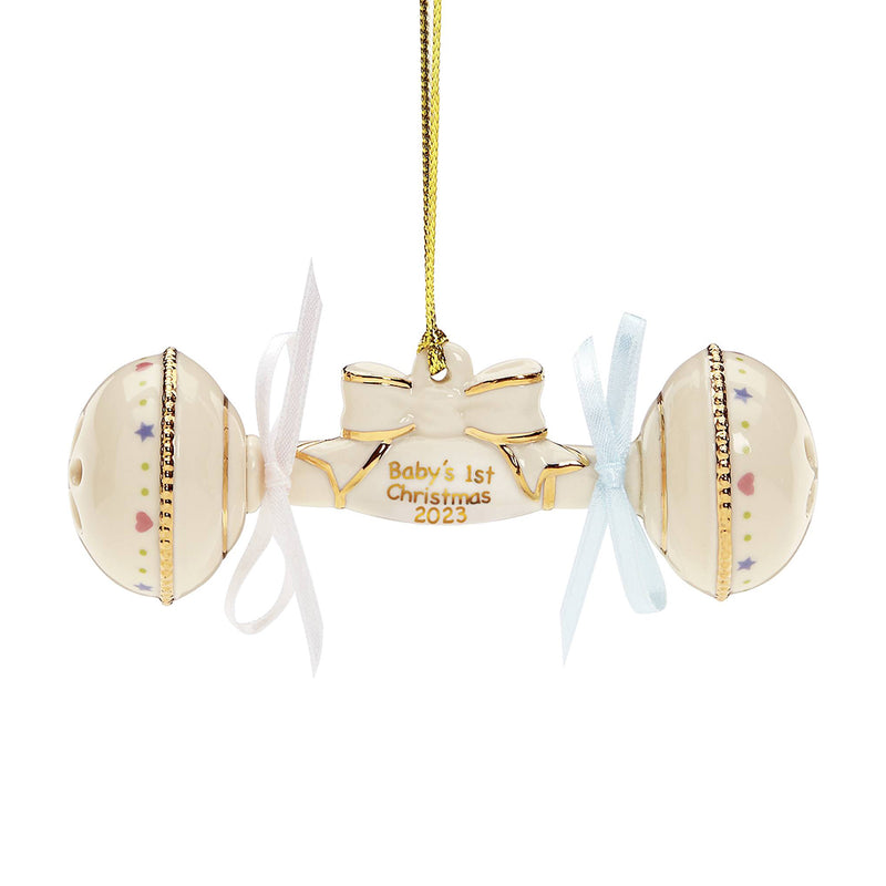 Porcelain baby's first Christmas 2023 rattle ornament with gold chain and two bell ends