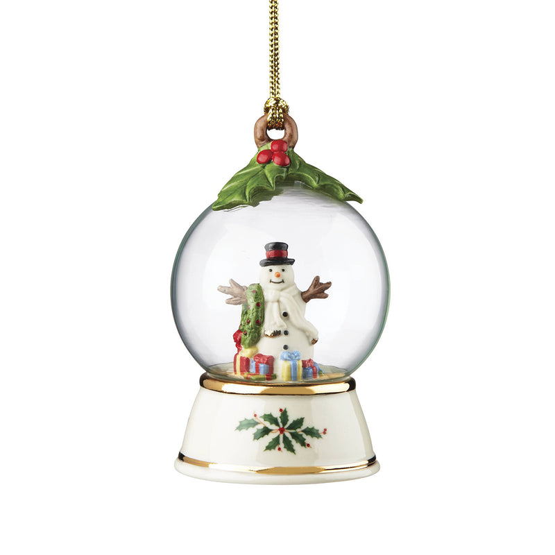 Lenox snowman globe porcelain ornament with clear glass dome, holly top, hanging chain