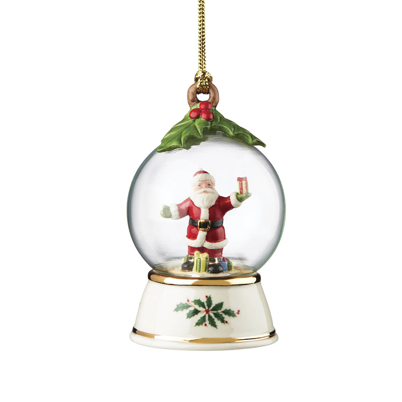 Lenox Santa globe porcelain ornament with Santa figure under glass dome, holly leaf top