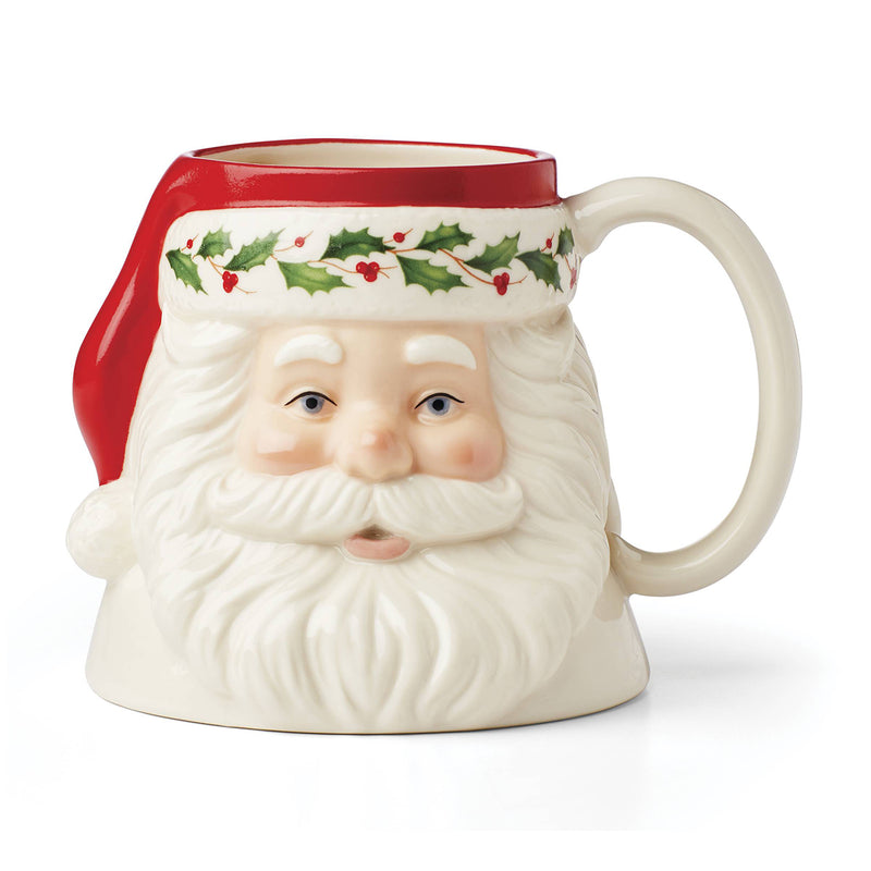 Porcelain Santa mug with red hat band, holly detail, and white handle