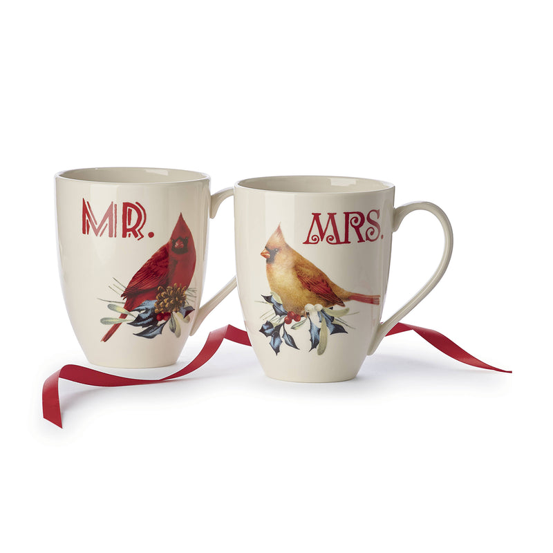Porcelain mug set with Mr and Mrs prints and red cardinals, includes two mugs