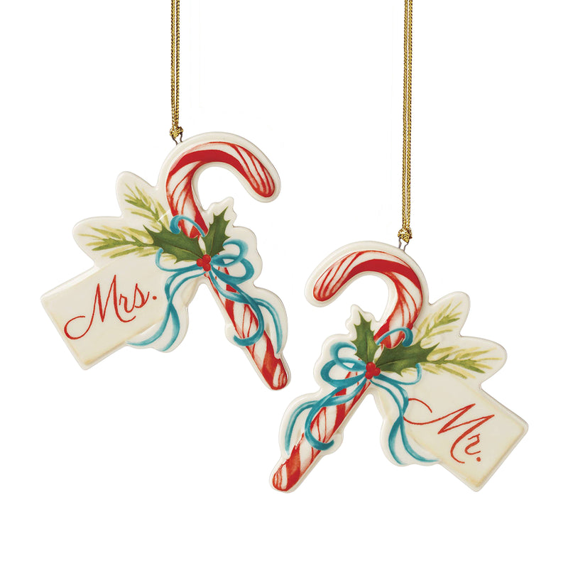 Lenox porcelain Mr. and Mrs. holiday ornament set, two hanging candy-cane ornaments