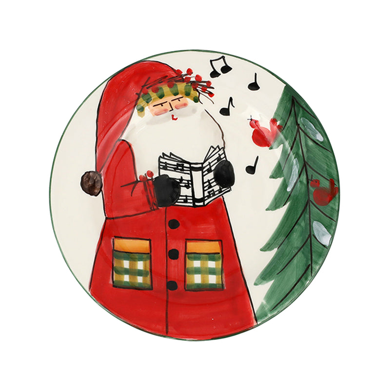 Vietri Old St. Nick salad plate with red Santa coat, music notes, green holly leaves