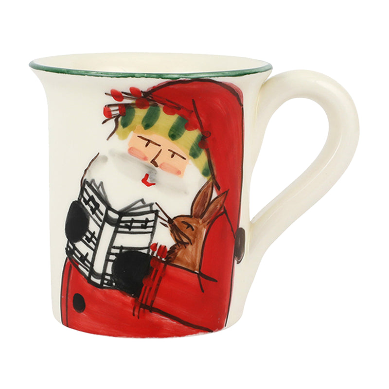 Vietri Old St. Nick ceramic mug, white with soldier and red-hat holiday illustration, handle