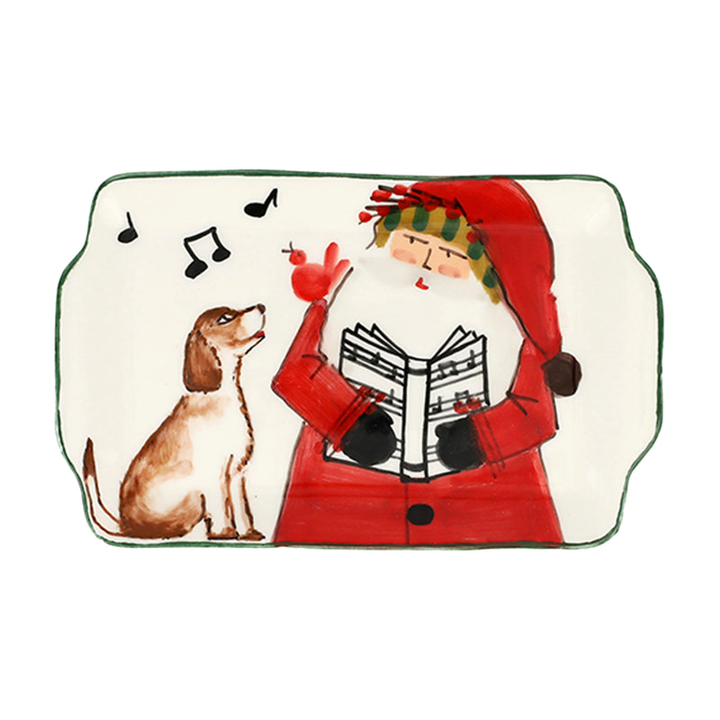 Vietri rectangular ceramic plate with Santa, dog, and music notes illustration