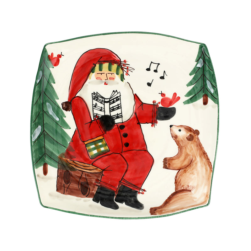 Vietri Old St. Nick square platter with Santa, dog, birds, and trees in red and green