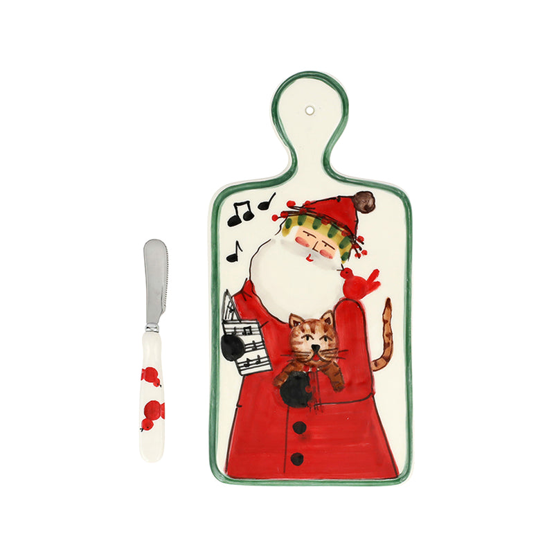 Cheese board and spreader set; apron-shaped board with red Santa cat design