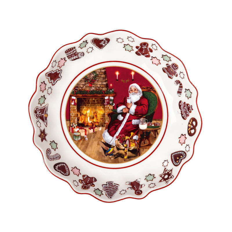 Small porcelain Christmas bowl with Santa scene, red rim, gingerbread and star pattern