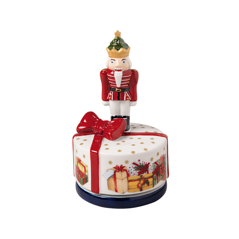 Villeroy & Boch porcelain musical nutcracker on round gift box, red coat, gold hat