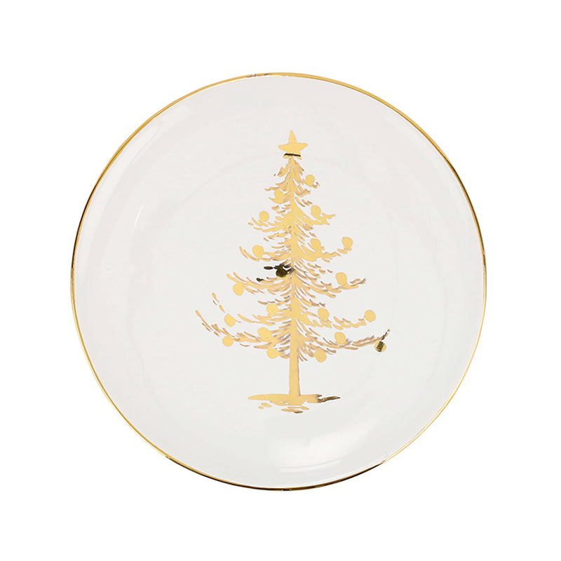 Vietri Medici Natale ceramic dinner plate with gold tree design and thin gold rim