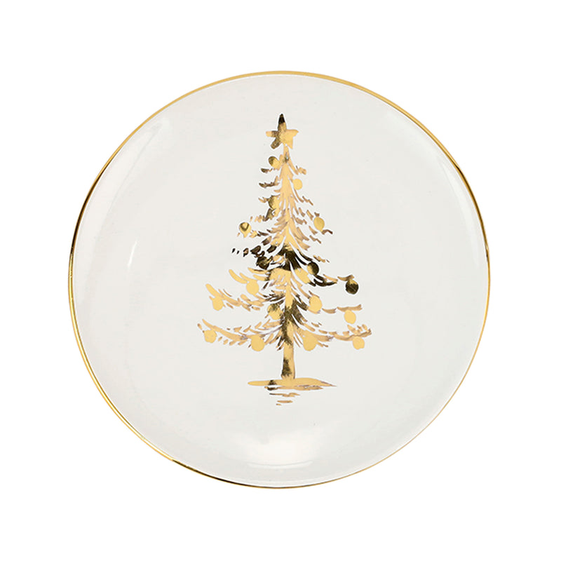 Vietri Medici Natale ceramic salad plate with Christmas tree graphic and gold rim