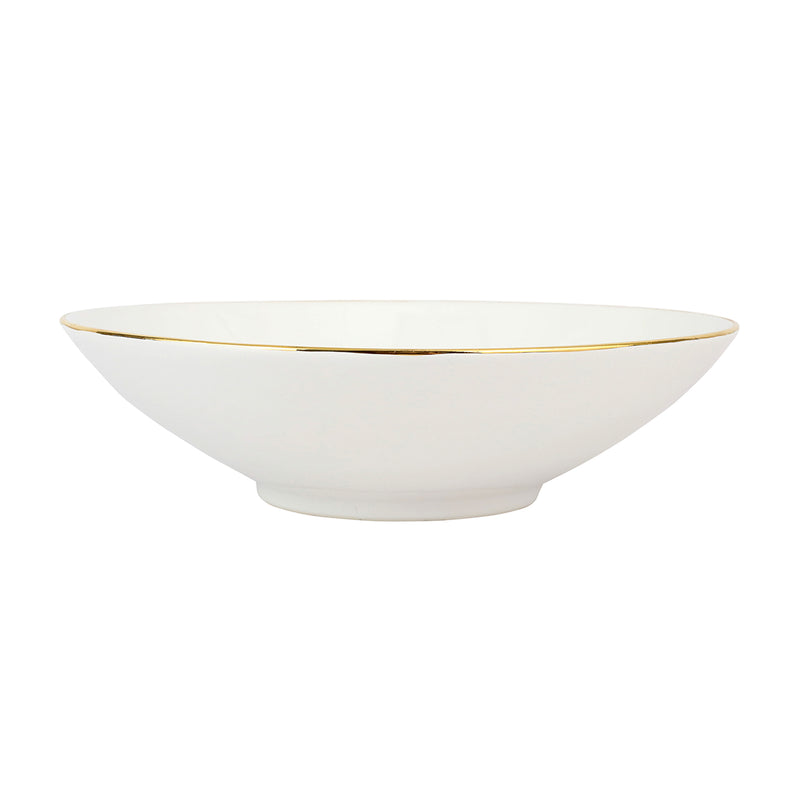White ceramic serving bowl with thin gold rim