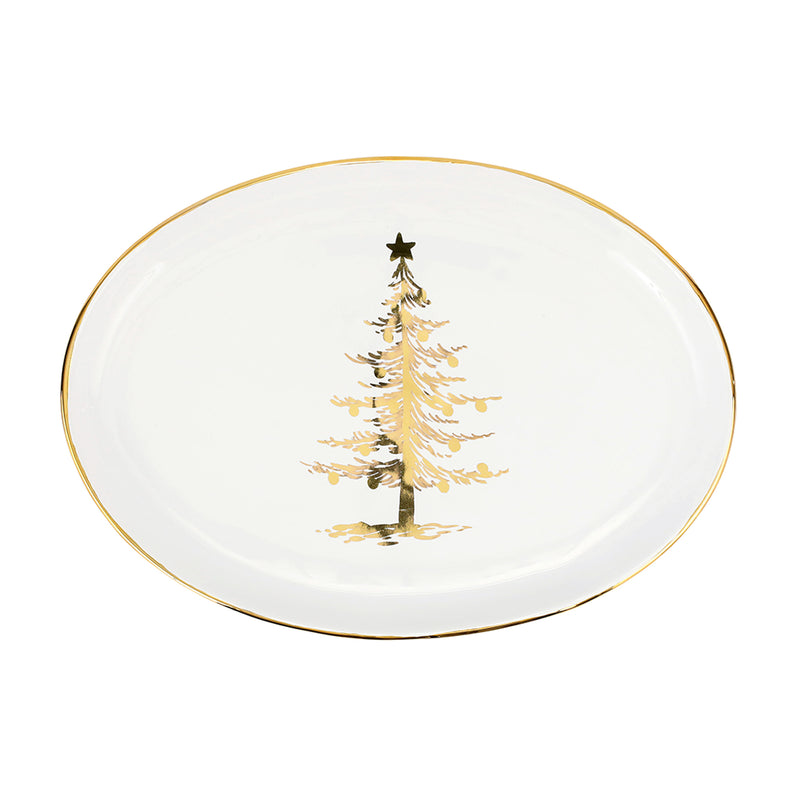 Vietri Medici Natale ceramic oval platter with gold rim and Christmas tree design