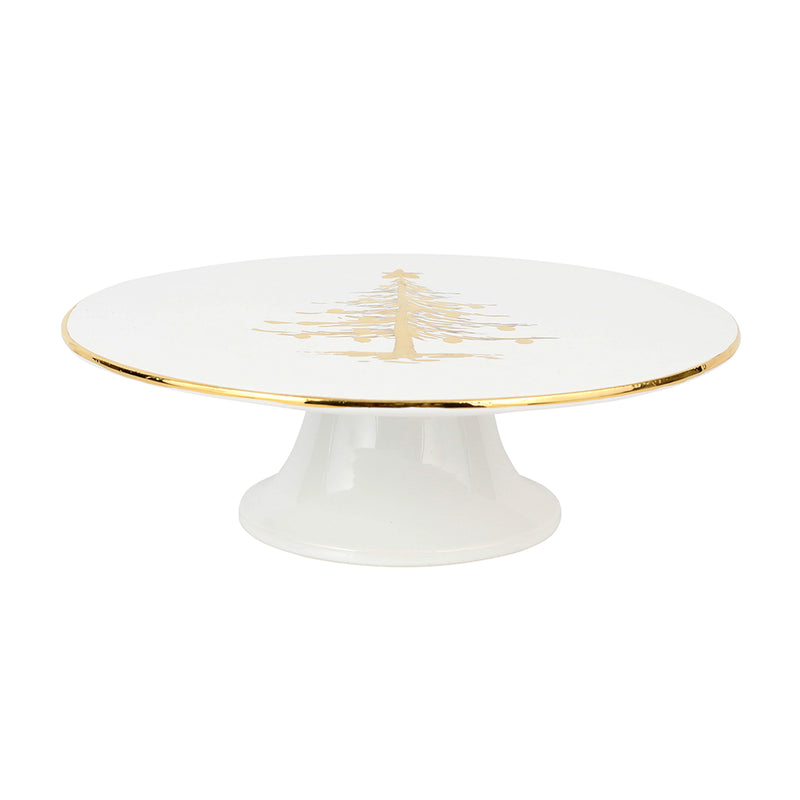 White ceramic Christmas cake stand with gold rim and gold tree centerpiece