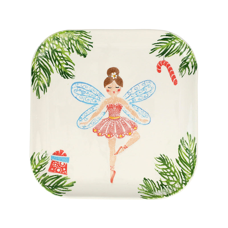 Square ceramic platter with sugar plum fairy in blue wings, green pine and red candy cane