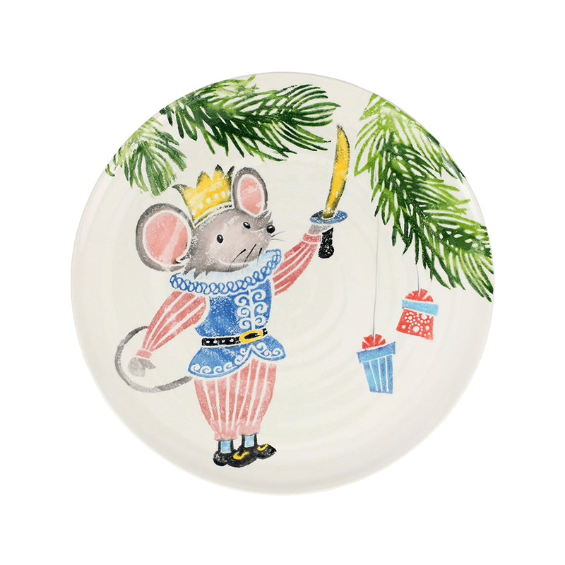 Ceramic mouse king platter with illustrated mouse in blue and pink outfit and green palm fronds