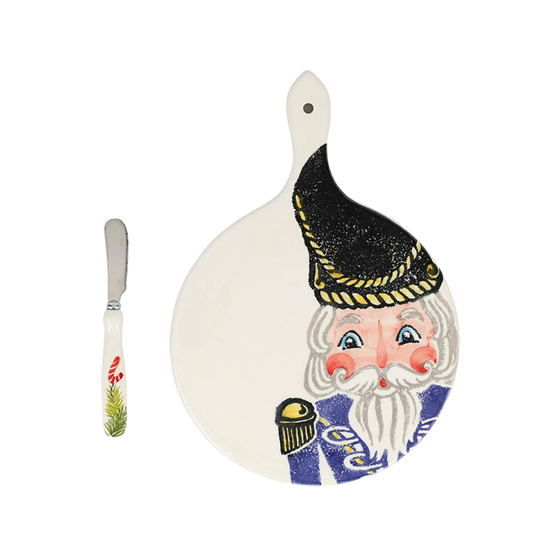 Ceramic nutcracker cheese board with spreader, round white board with painted face