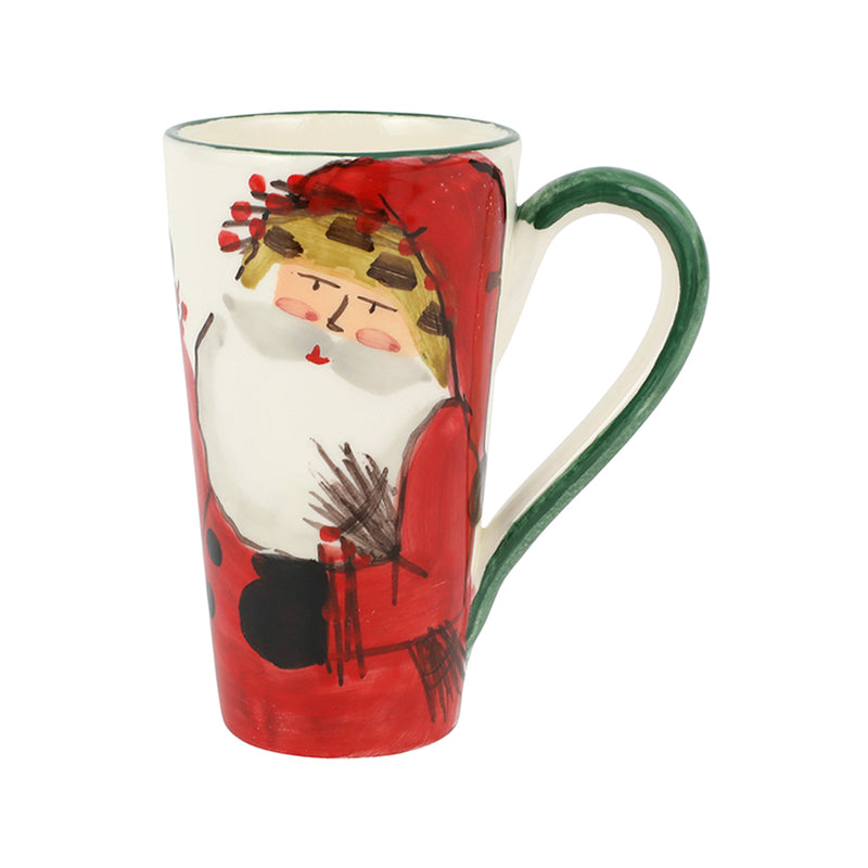 Ceramic latte mug with red Santa face, green handle, and decorative glaze on front