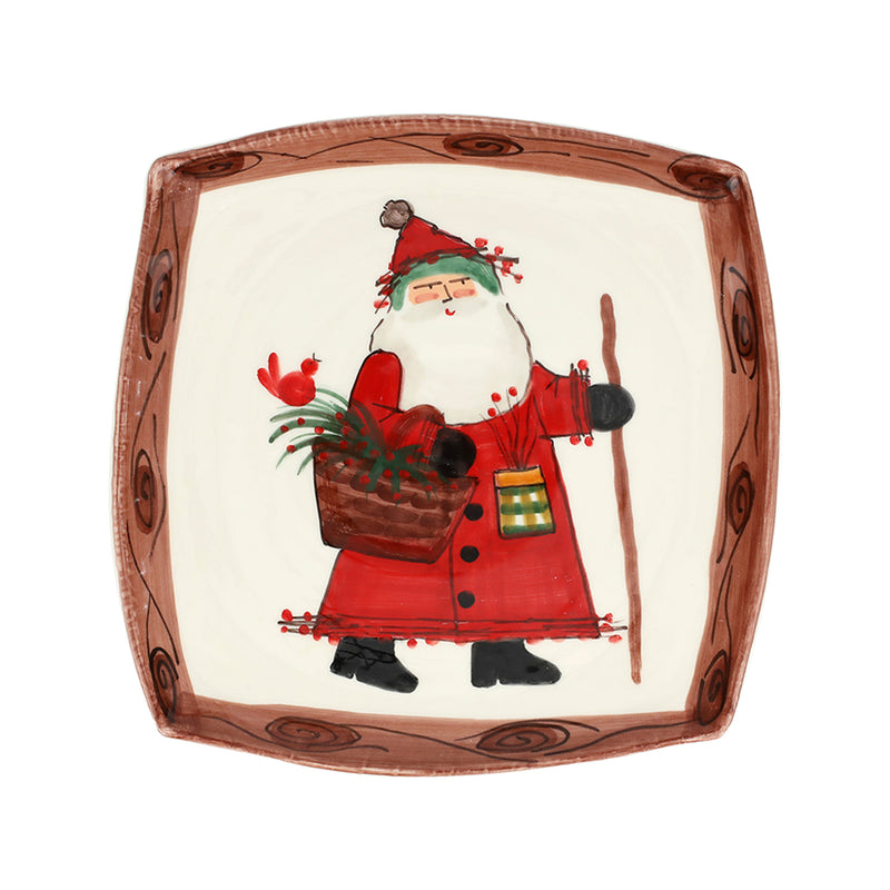 Vietri ceramic square platter with painted outdoorsman Santa holding sack and candy cane