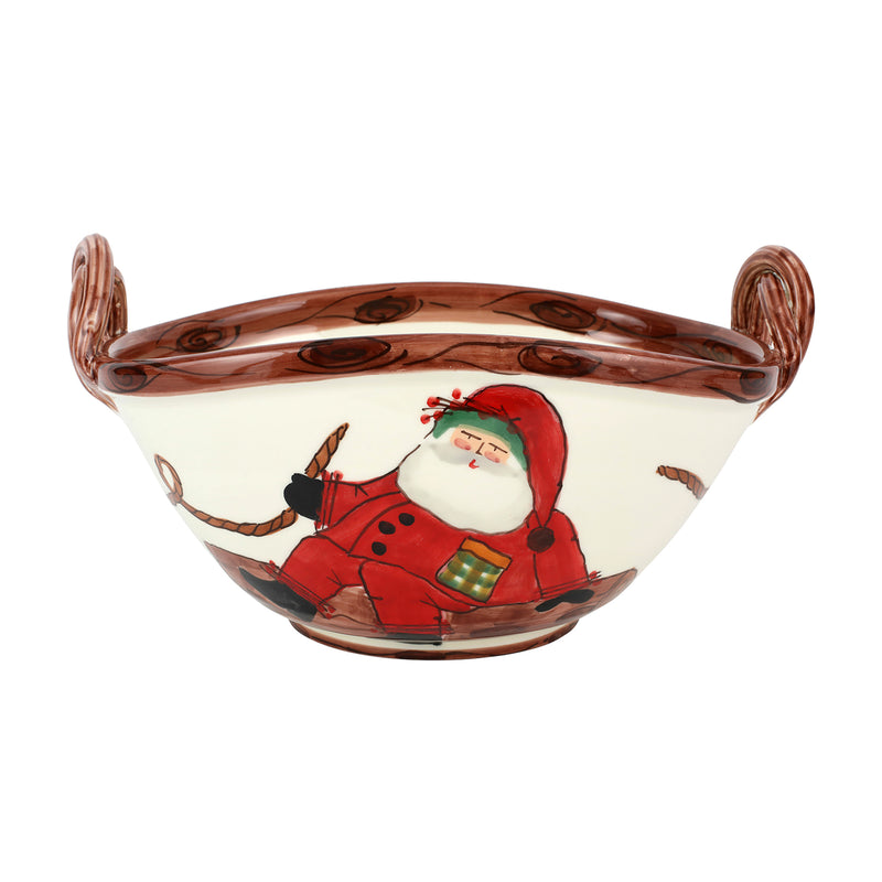 Vietri Old St. Nick large oval ceramic bowl with two side handles and Santa illustration