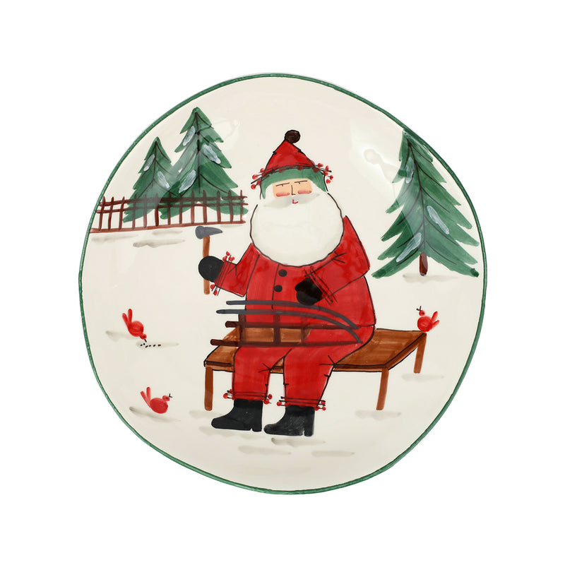 Large ceramic bowl with red Santa illustration, green rim, Christmas trees