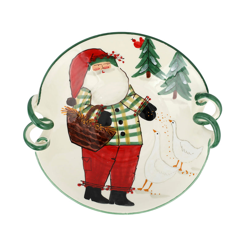 Vietri Old St. Nick ceramic scalloped handled bowl with Santa and reindeer illustration