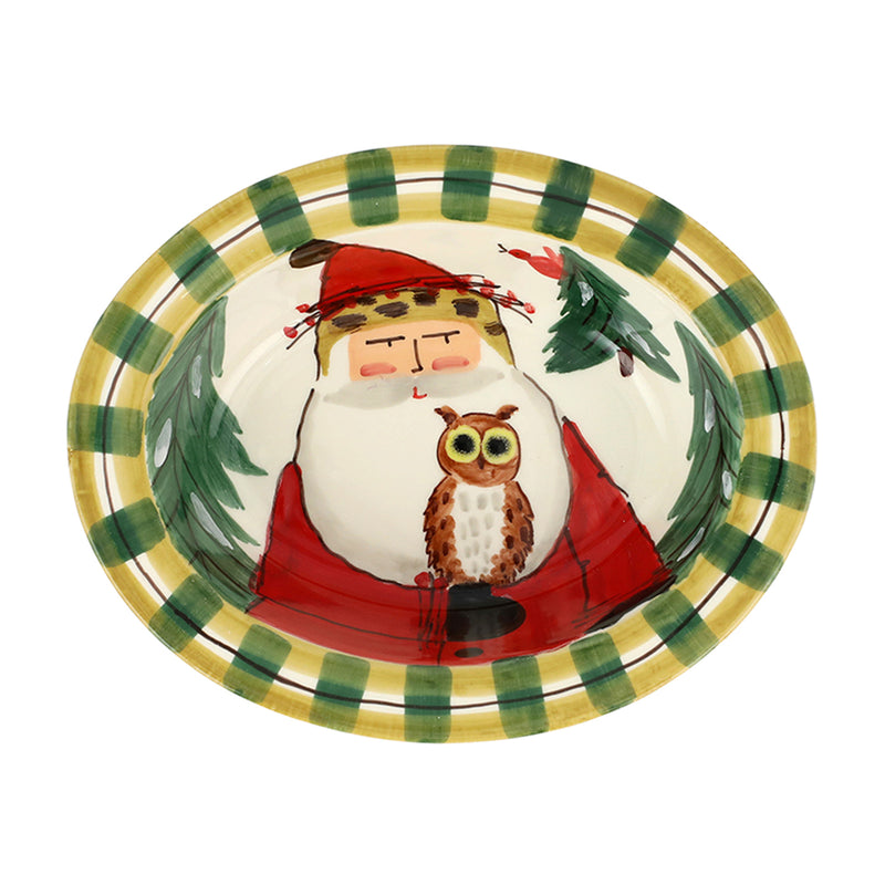 Vietri Old St. Nick ceramic rimmed oval bowl with St. Nick and owl, green plaid rim