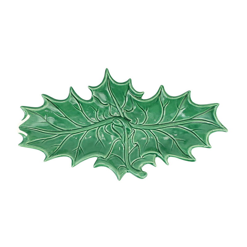 Vietri Lastra Evergreen figural holly two-leaf platter, green ceramic