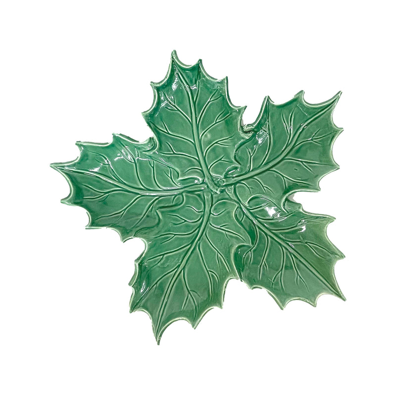 Vietri Lastra Evergreen holly figural small platter, glazed green leaf with embossed veins
