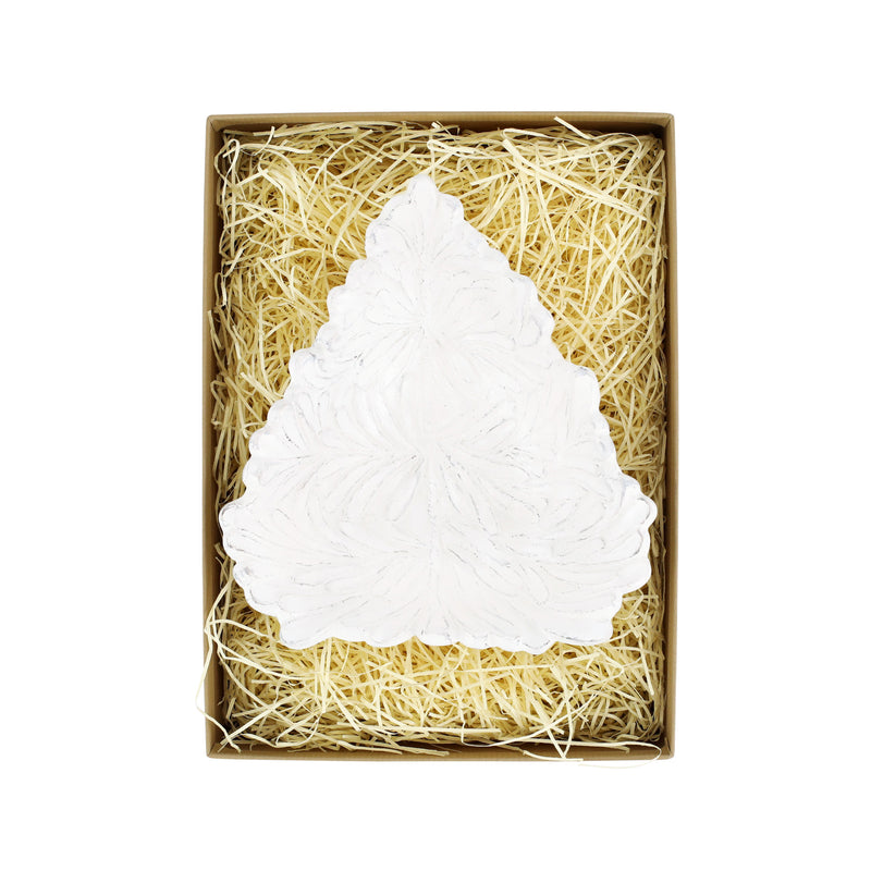 White ceramic tree-shaped holiday bowl with embossed leaf texture