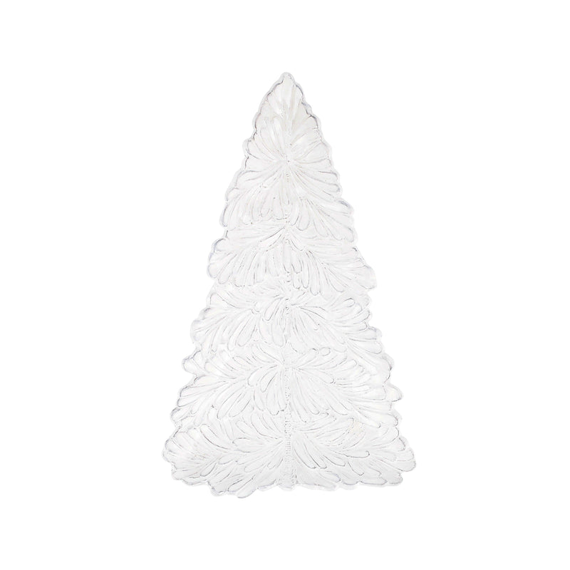 White ceramic tree-shaped holiday platter with raised textured branches