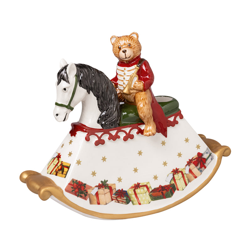 Porcelain rocking horse candle holder with horse and tiger figurines, stars and gifts