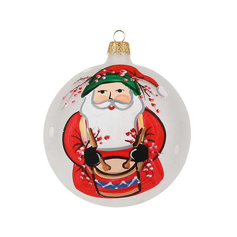 Vietri Old St. Nick drum ornament, round hanging Santa in red holding drum.