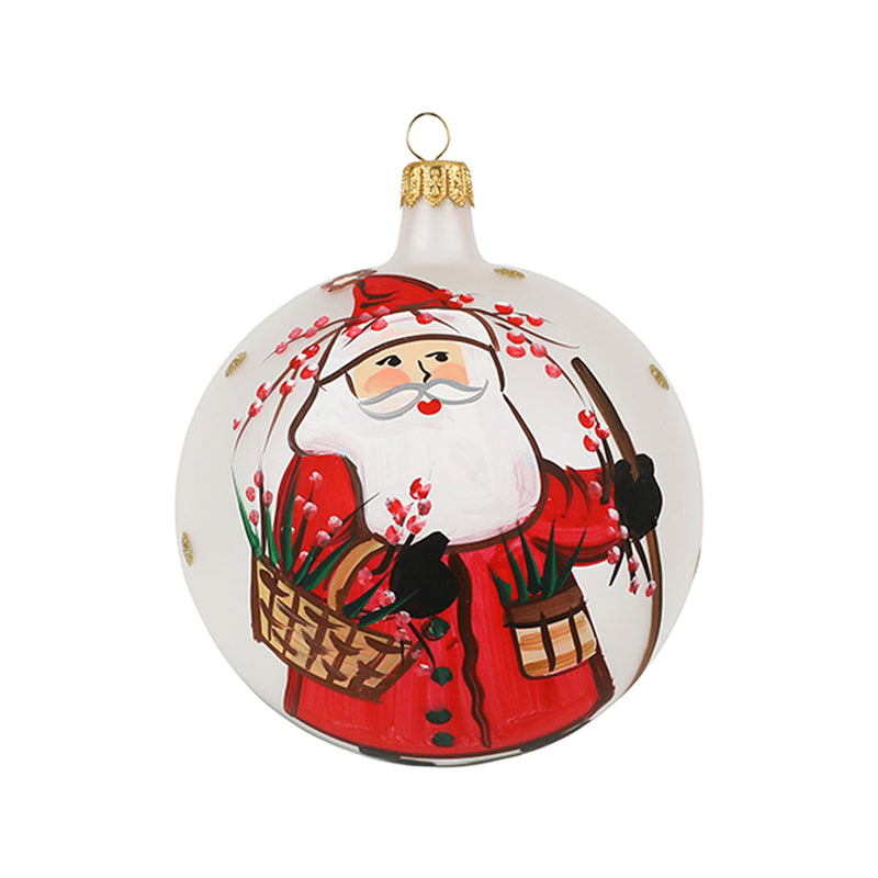 Vietri Old St. Nick outdoorsman ornament: round white glass with red Santa holding basket