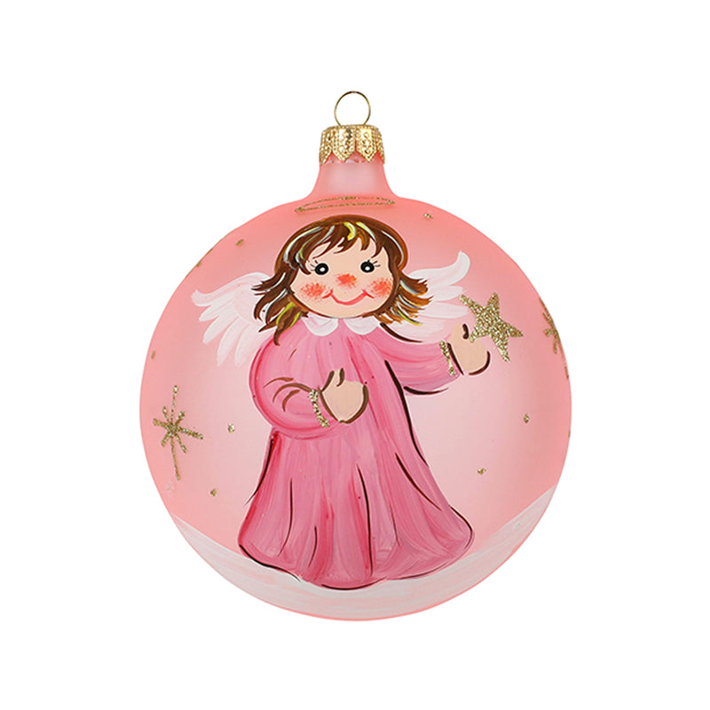 Vietri baby girl angel Christmas ornament, round pink glass with girl holding gold star